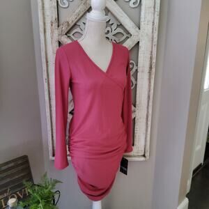 Due Time Maternity Long Sleeve RIbbed Side Ruched Surplice Dress in Rose Pink
